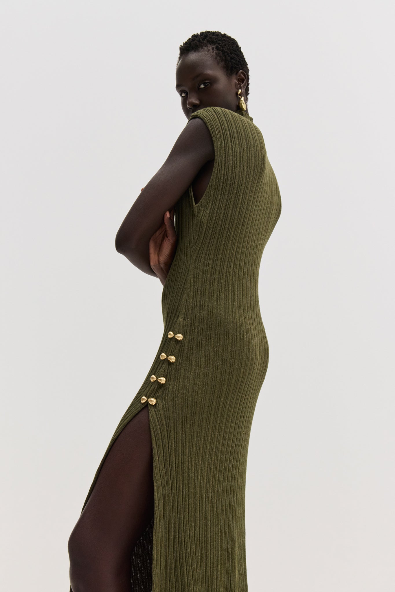 Leandra Knit Midi Dress | Metallic Khaki | Aje Aje AU Leandra Knit Midi Dress | Metallic Khaki | Aje Aje AU