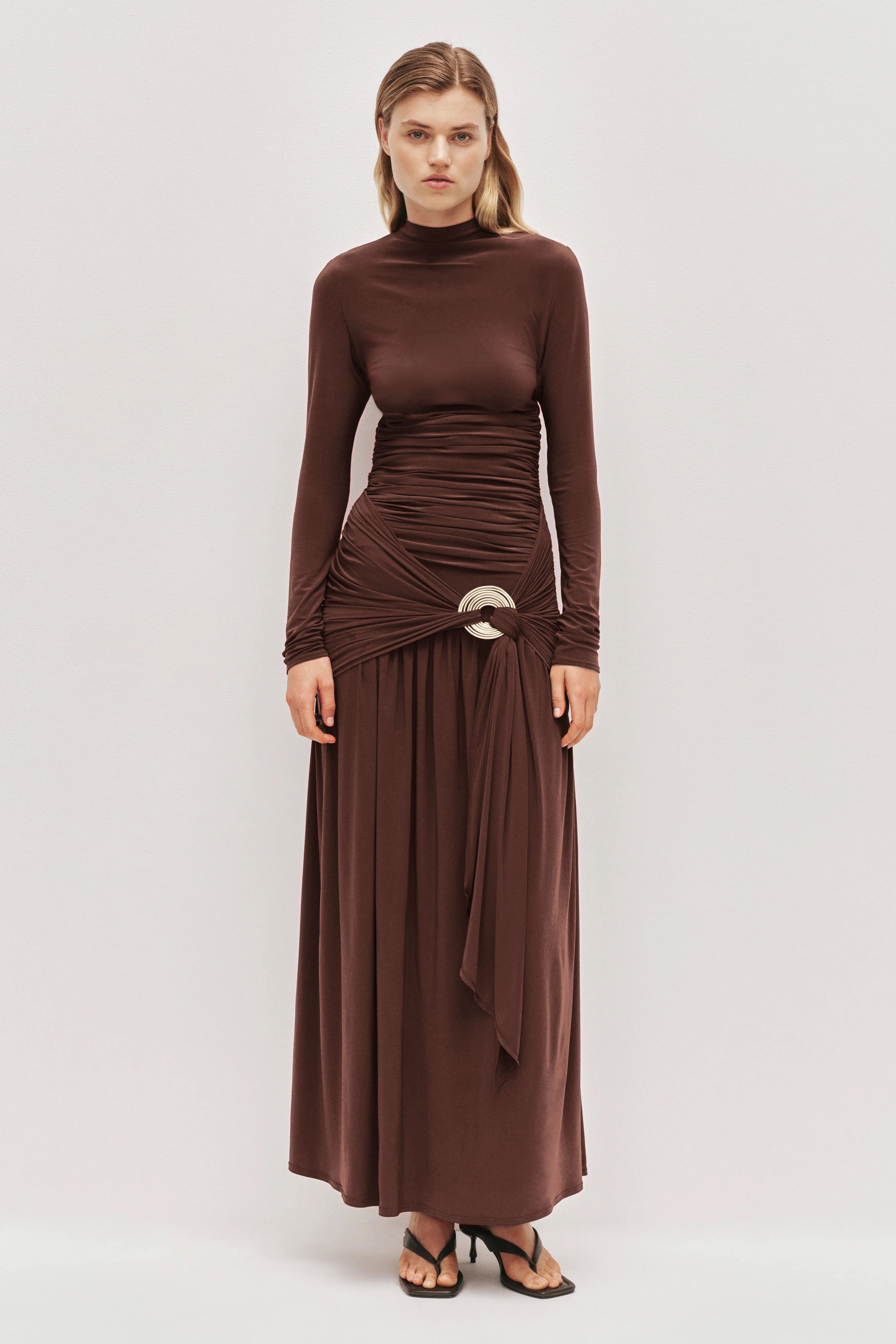 jacinth maxi dress in chocolate brown jersey Helsa Jersey Backless Maxi Dress in Chocolate Au Lait