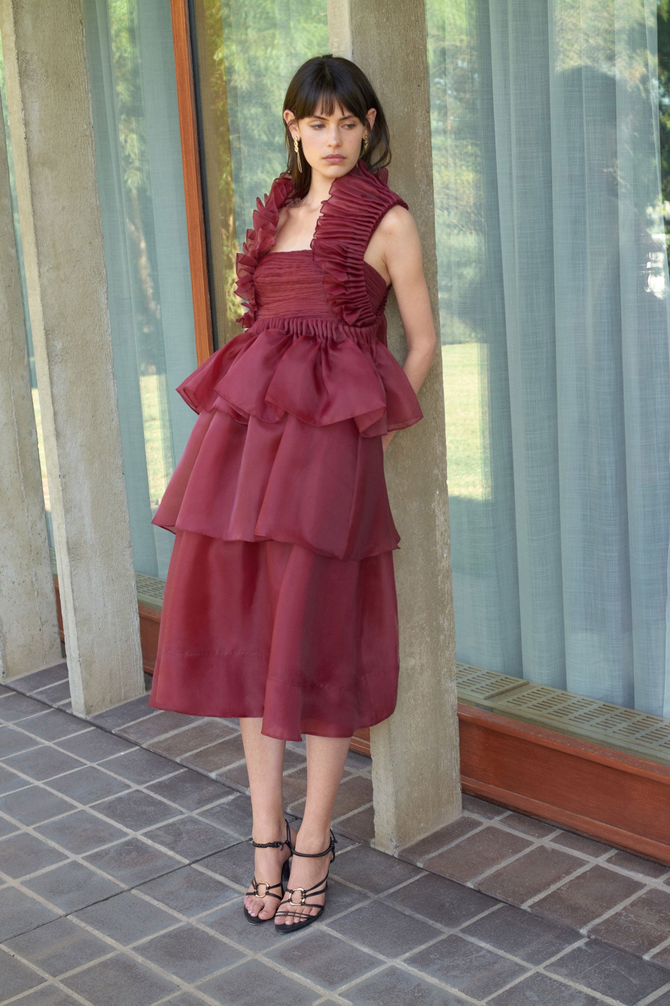 Asra Pleated Frill Midi Dress-MAHOGANY RED / 4 Asra Pleated Frill Midi Dress-MAHOGANY RED / 4