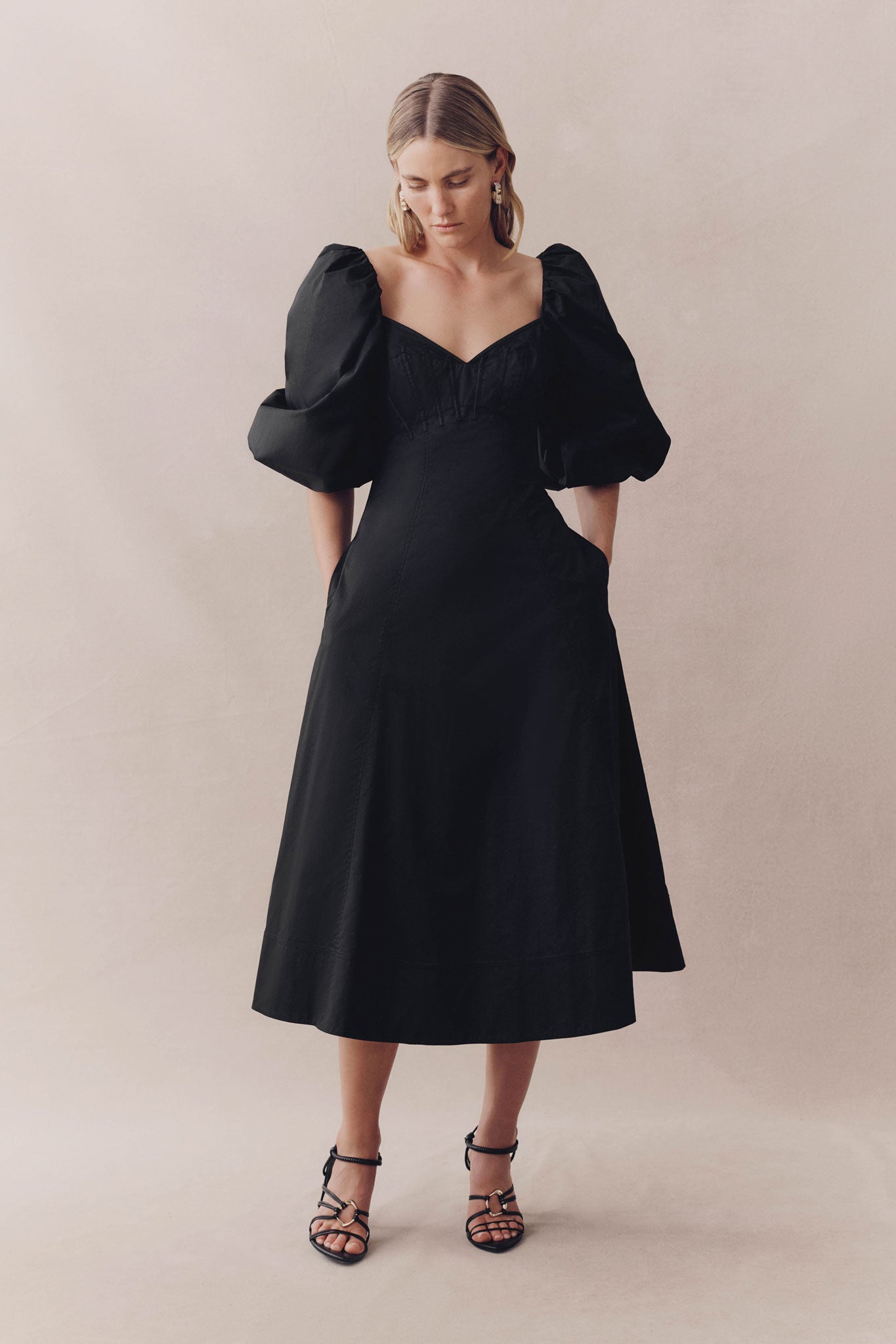black corset midi dress with sleeves HOUSE OF CB Women's Duchess Corset Lace Fit & Flare Midi Dress with Bolero - Black