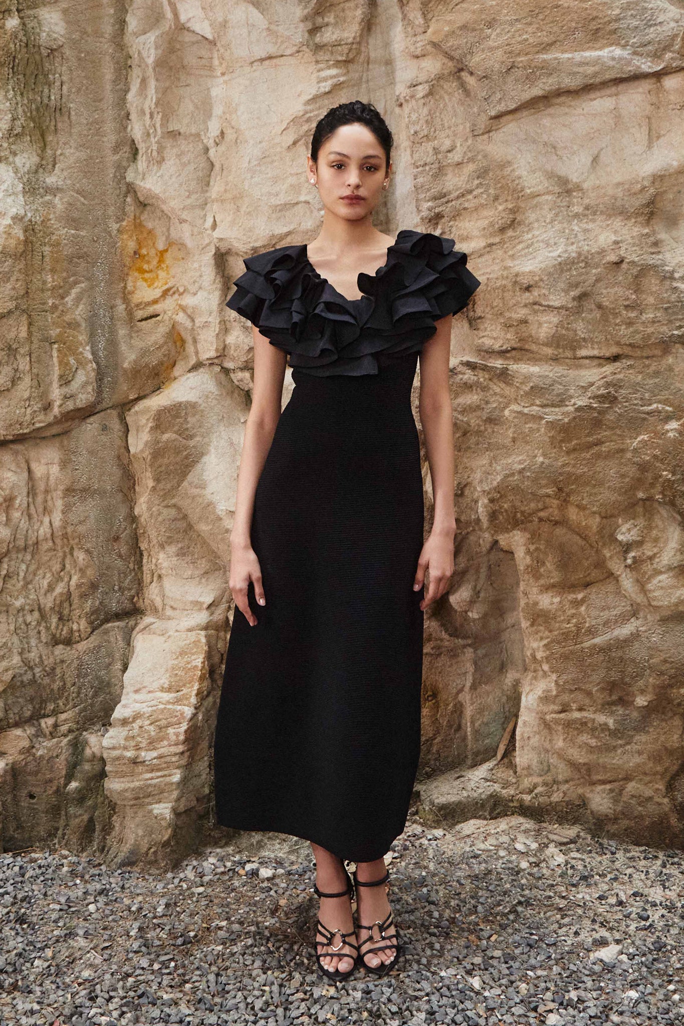 Transcendent Ruffle Midi Dress-BLACK / XS Transcendent Ruffle Midi Dress-BLACK / XS