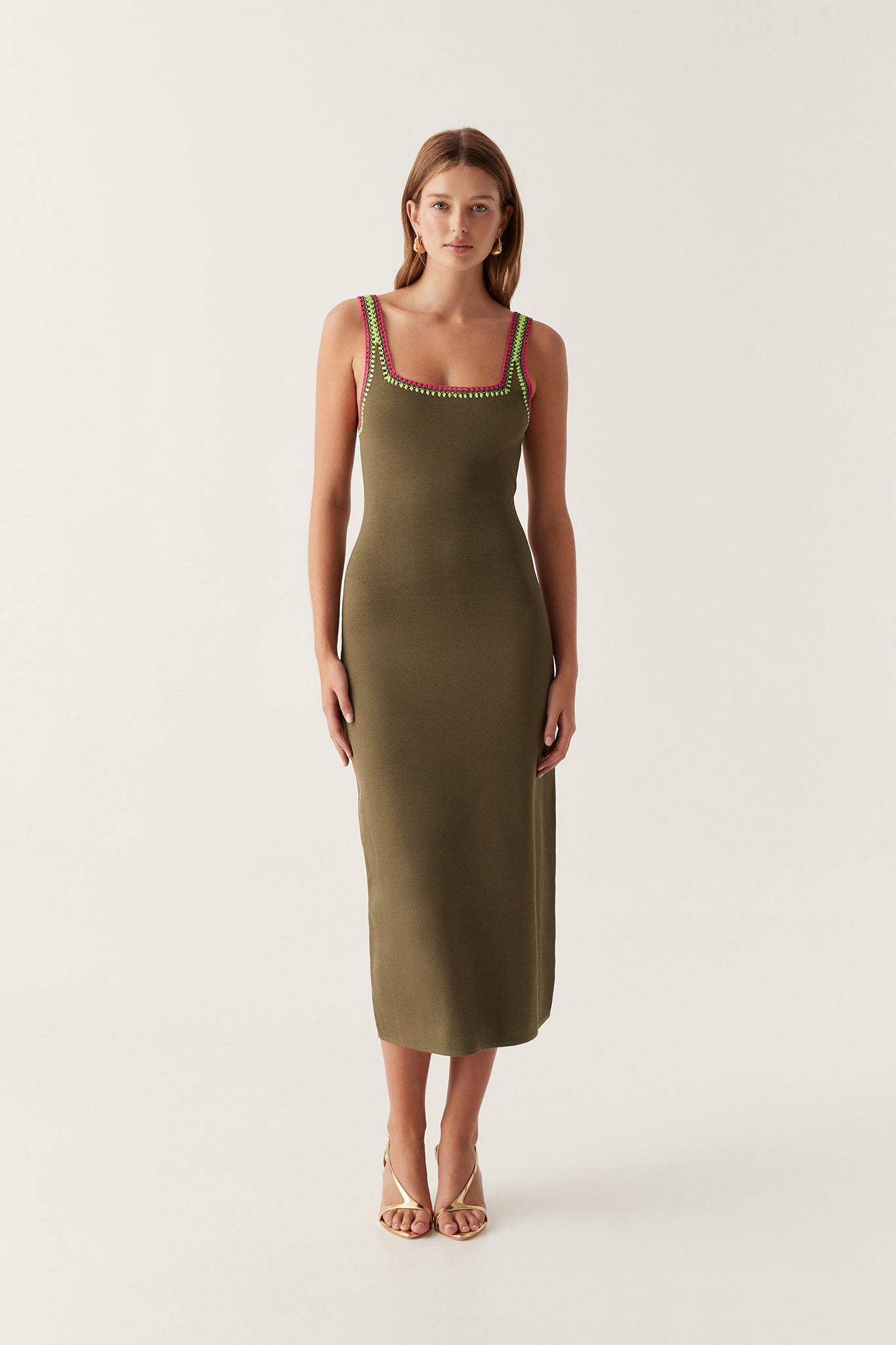 Tazia Crochet Edge Midi Dress-DEEP OLIVE / XXS