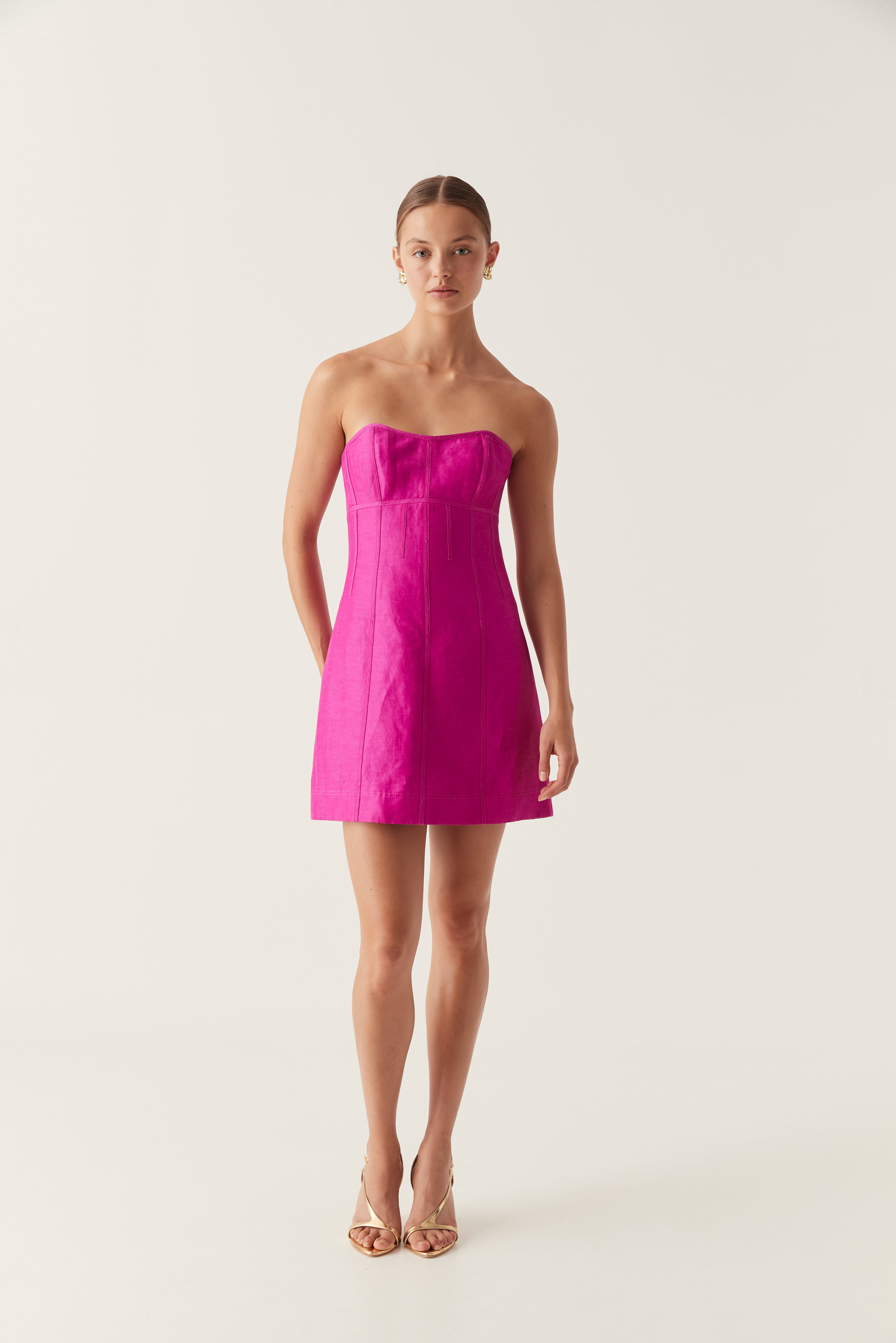 aje strapless pink dress Rent Aje Shallows Strapless Linen-Blend Gown Pink