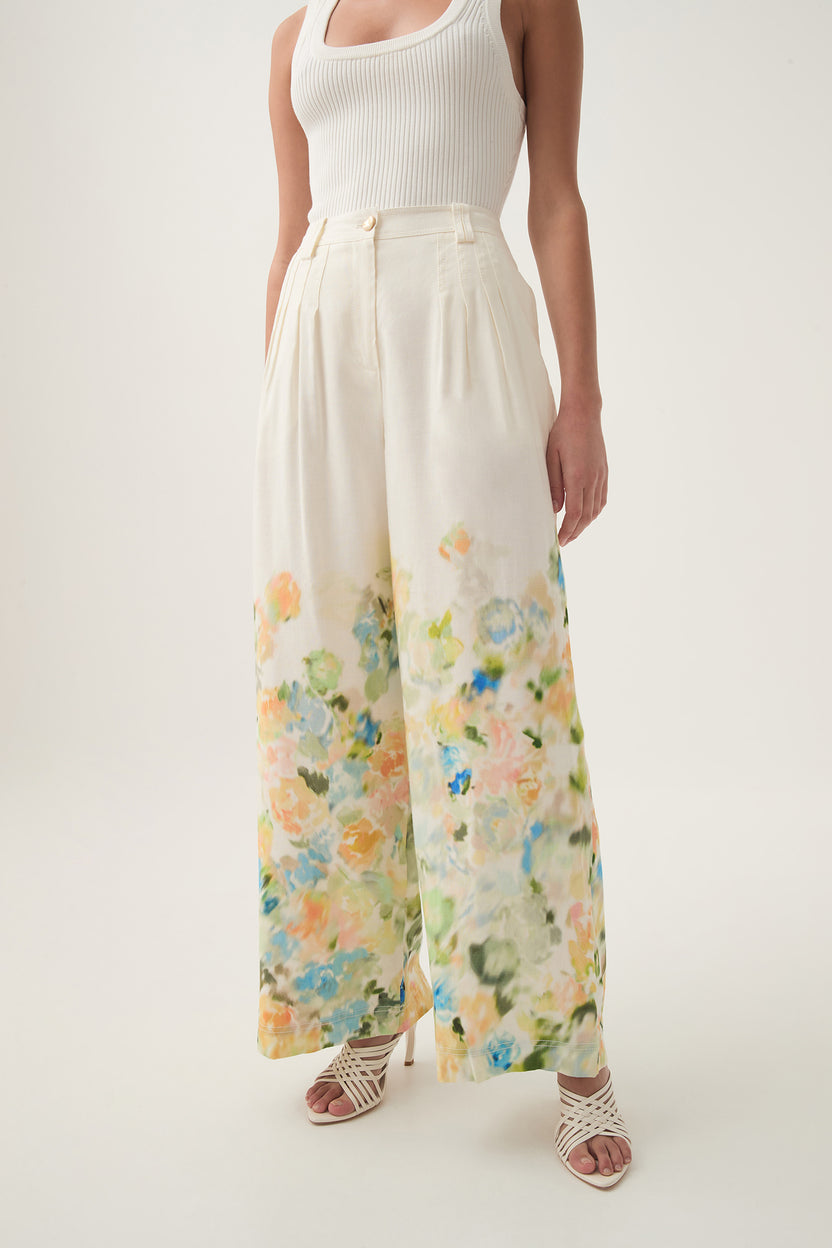 Dreamscape Pintucked Linen Floral Pants in White