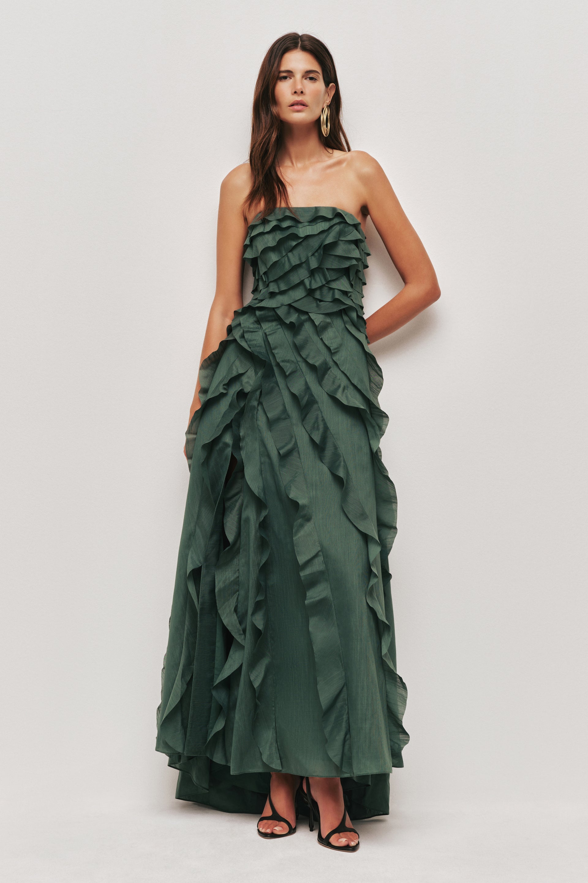 green aje dress High Neck Long Sleeves Pleated Sleek A-Line Mother of Bride Dress – Loveiss main image 1