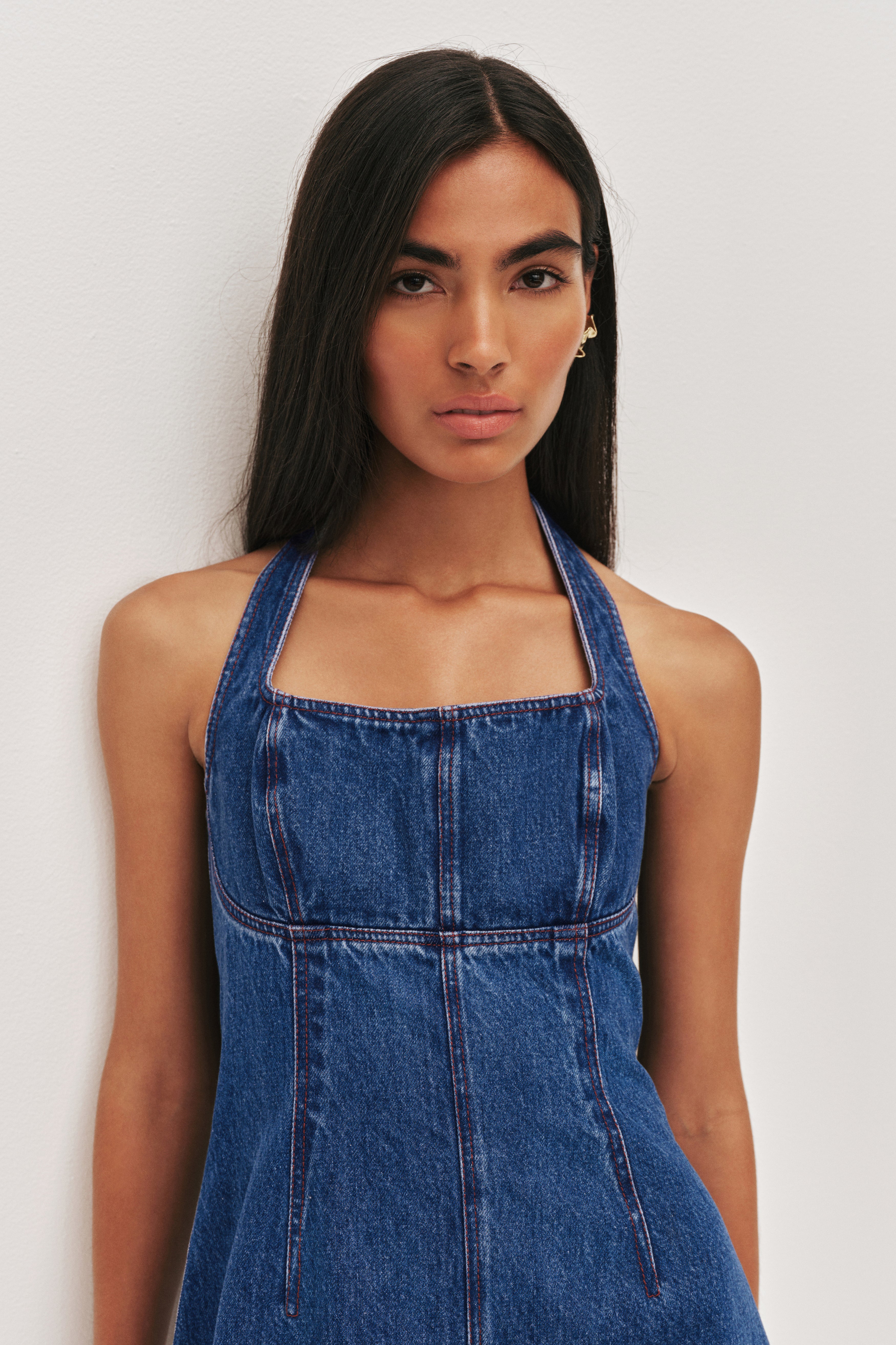 Zella Denim Halter Dress | Retro Wash | Aje Studio Aje AU Zella Denim Halter Dress | Retro Wash | Aje Studio Aje AU