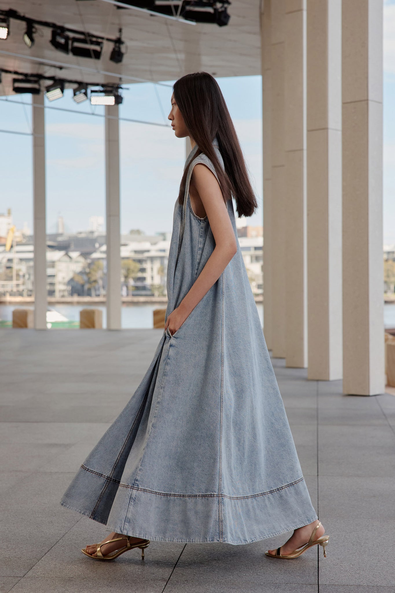 denim maxi dress australia Ellora Criss-Cross Back Denim Maxi Dress Navy
