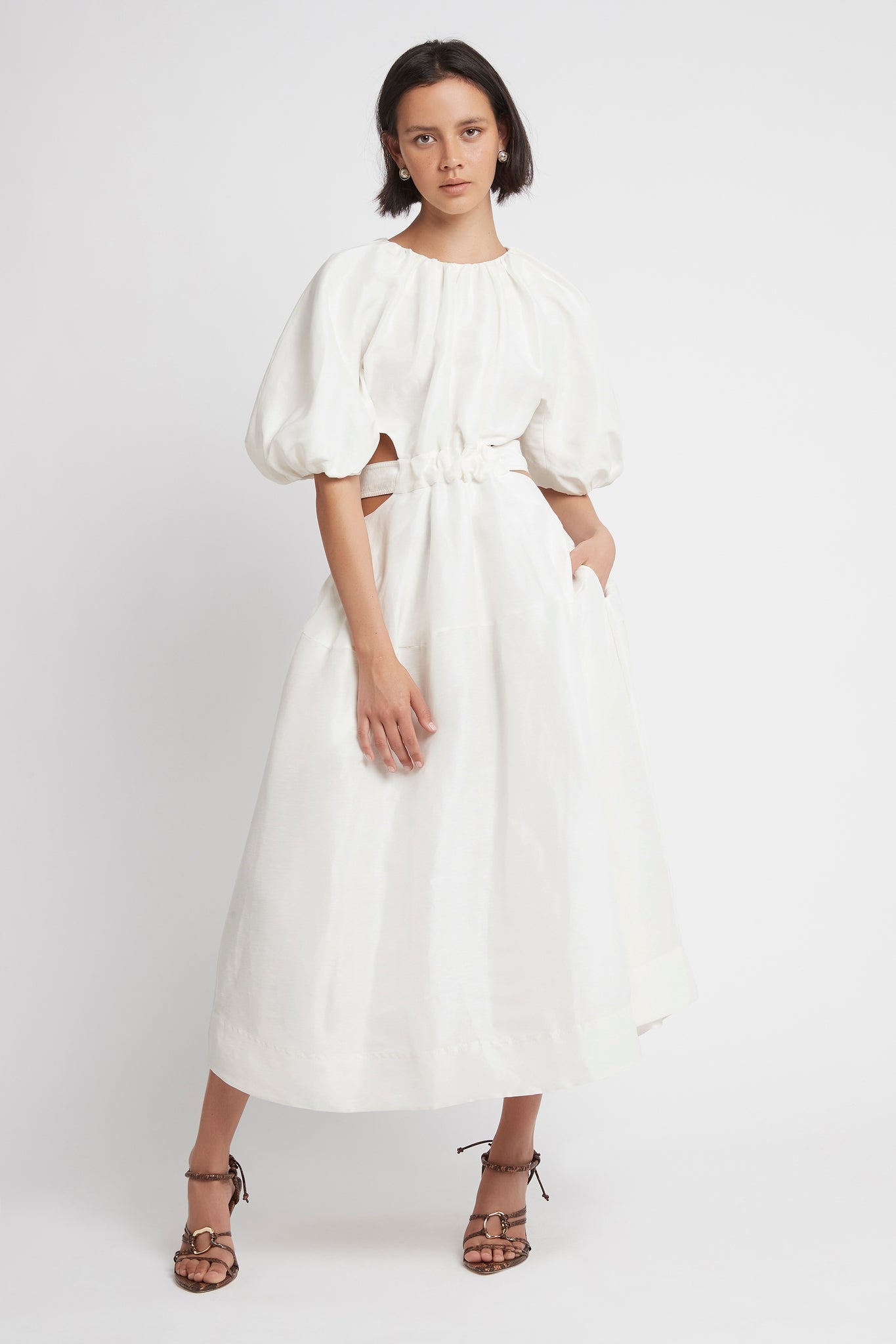 aje mimosa midi dress AJE. Mimosa cutout gathered linen-blend midi dress