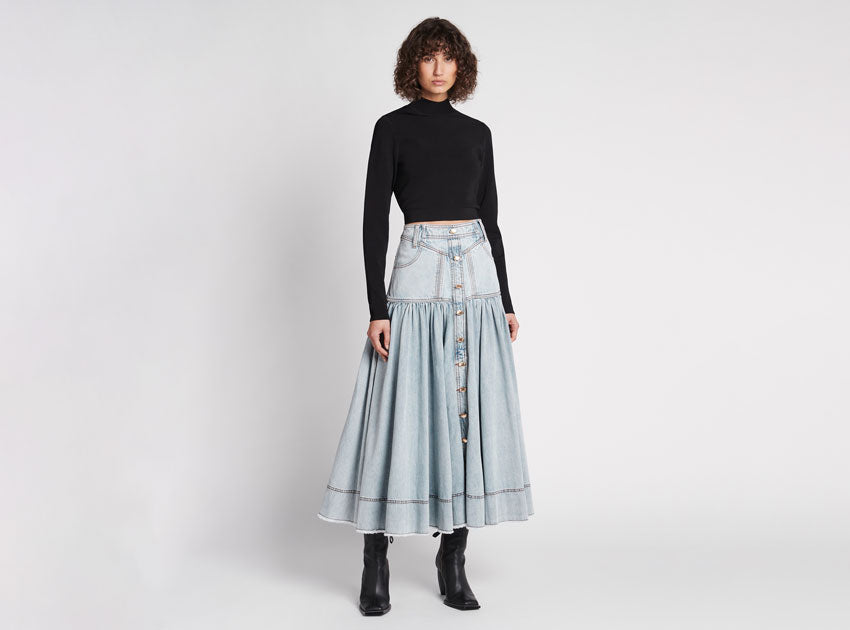 Belmond Button Denim Tiered Midi Skirt