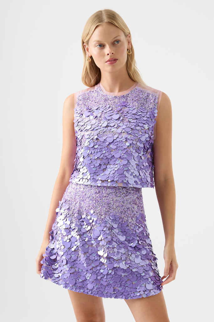 Lilac. Crop top. Sequin. Lined. Aje. Cut out back. Dressy. Elegant. 