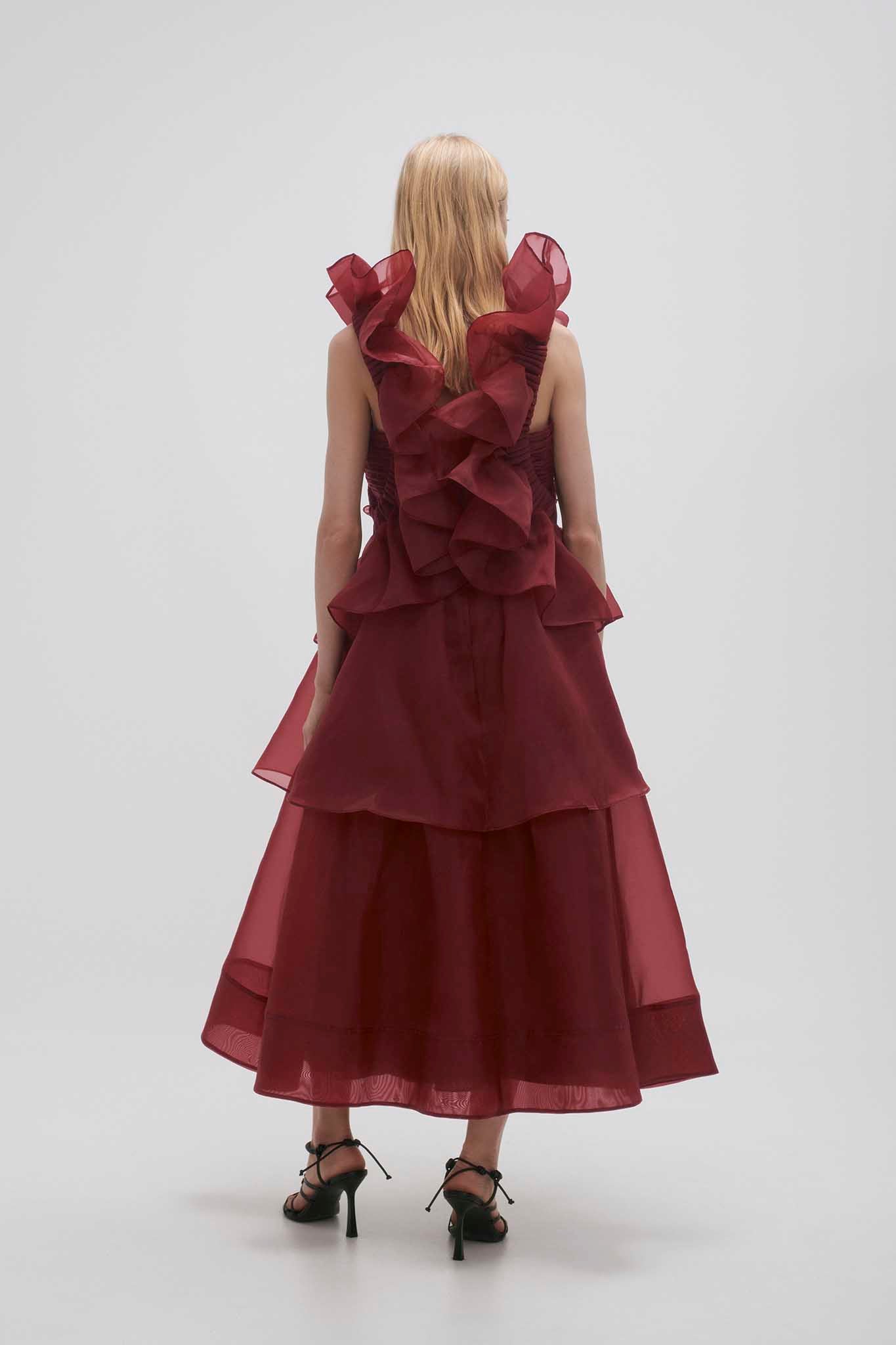 Asra Pleated Frill Midi Dress | Mahogany Red | Aje Aje AU Asra Pleated Frill Midi Dress | Mahogany Red | Aje Aje AU