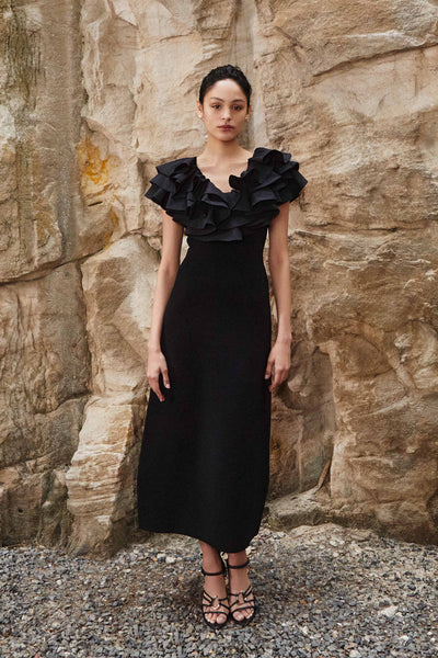 Transcendent Ruffle Midi Dress-BLACK / XS Transcendent Ruffle Midi Dress-BLACK / XS