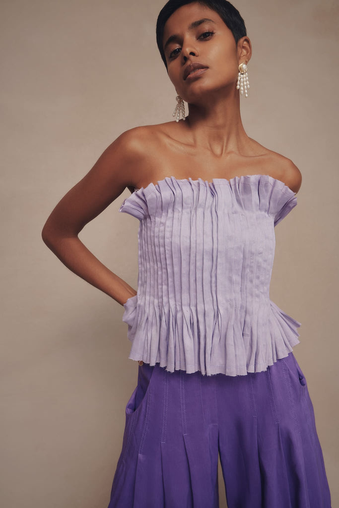 Lilac. Strapless. Low dropped waist. Corset top. Pintucked corset. Elegant. Aje.