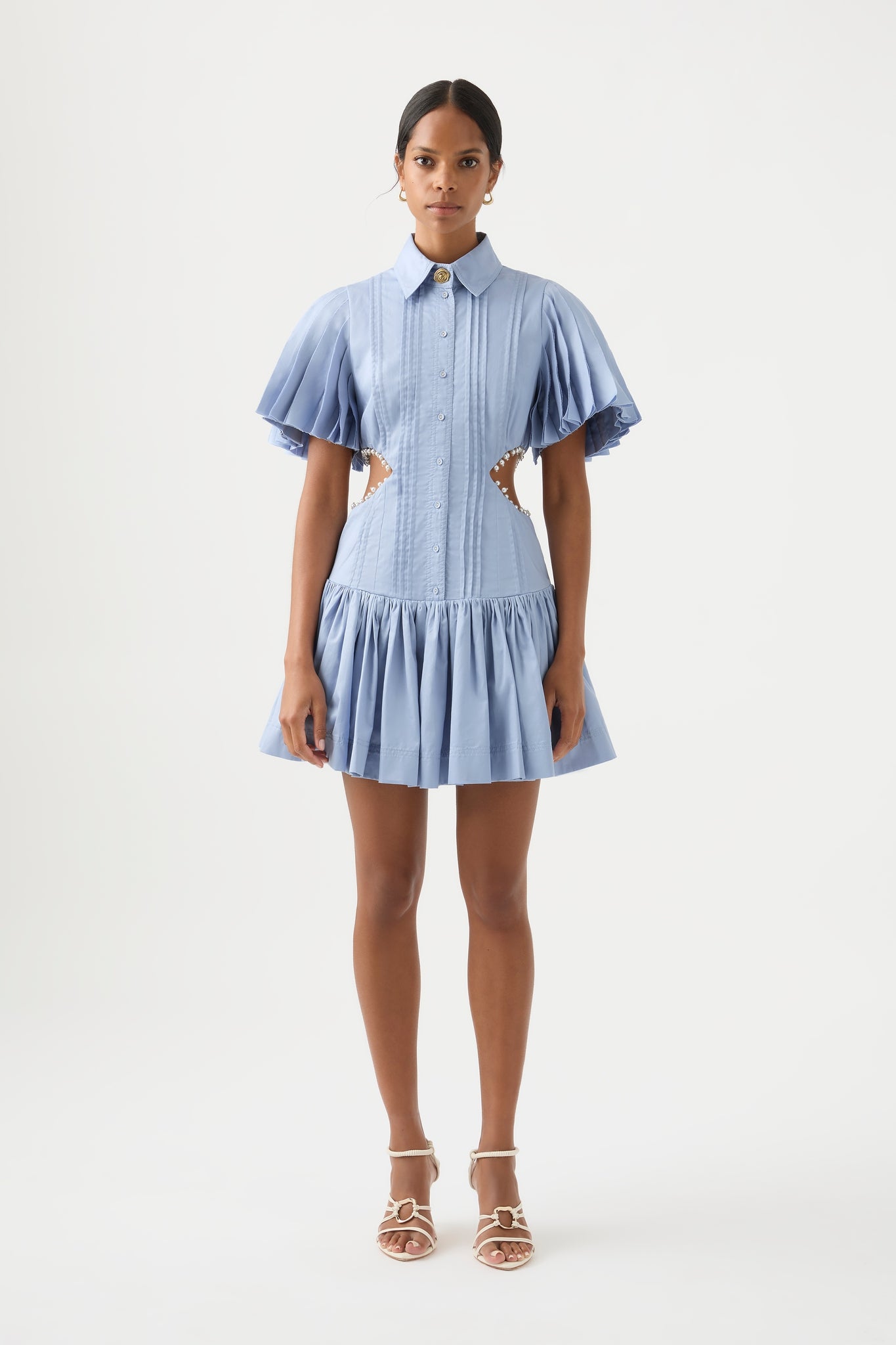 Blue. Mini dress. Pearl. Button up. Pleated dress. Aje. Dressy. Elegant.
