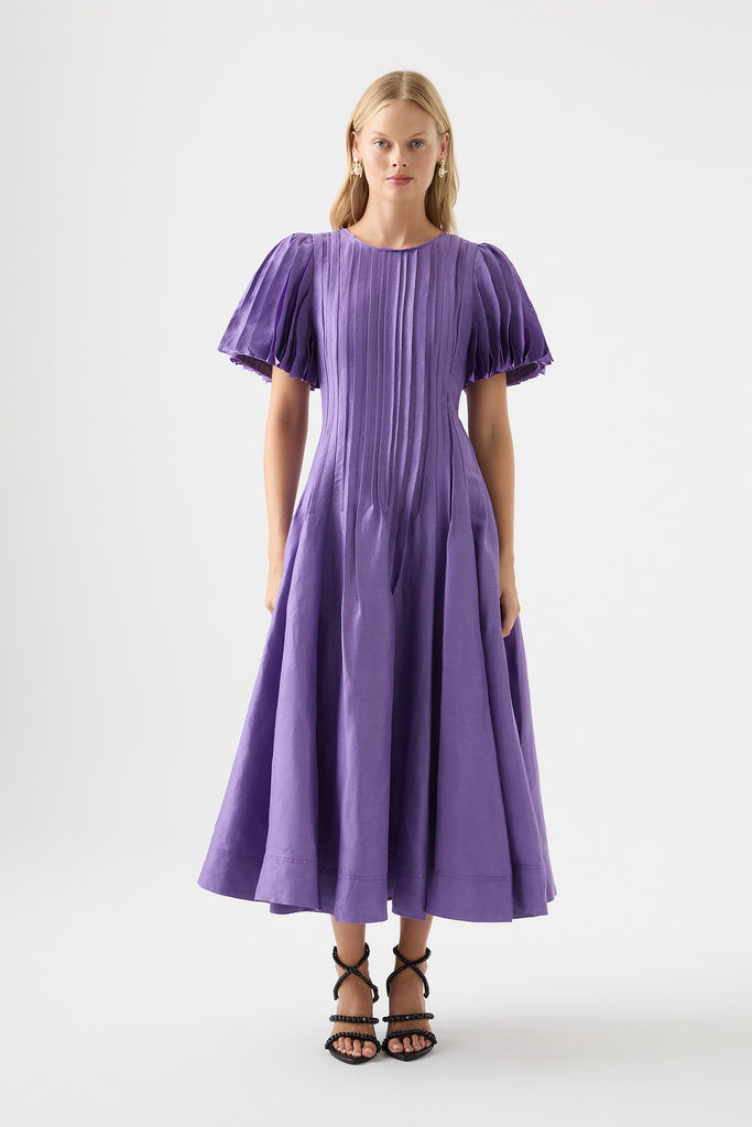 Deep violet. Midi dress. Pleated. Aje. Elegant.