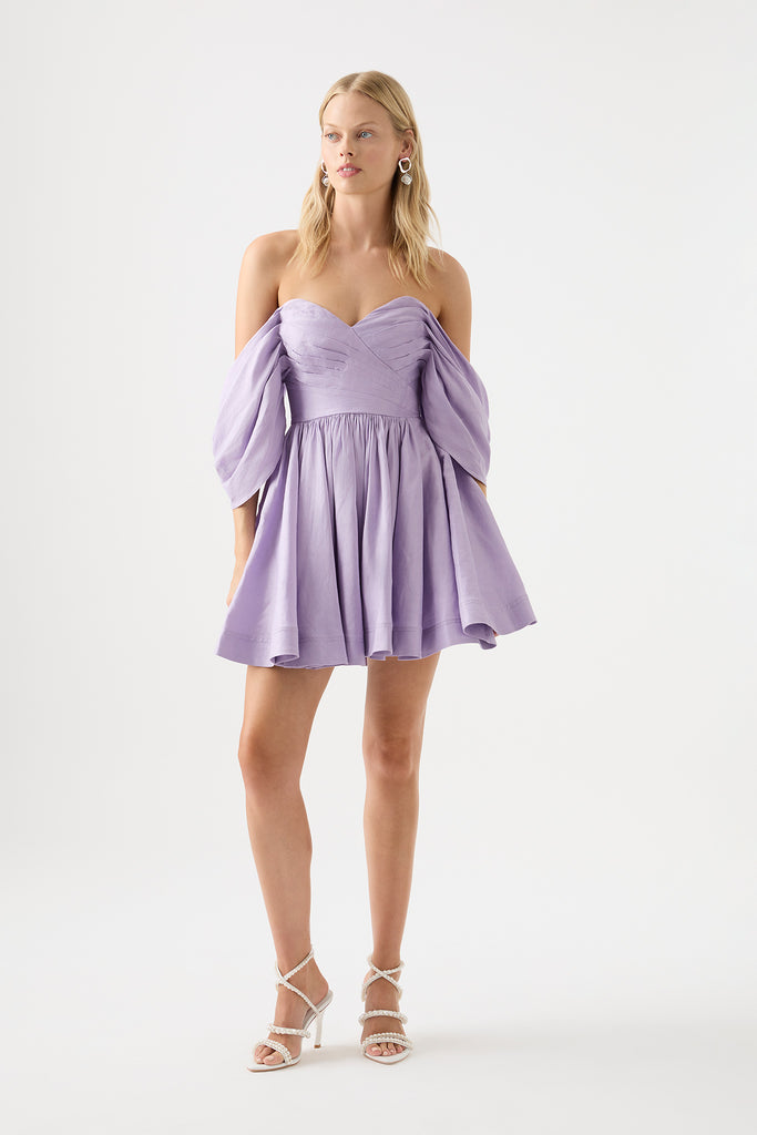 Lilac. Mini Dress. Off- the shoulder. Pleated. Day dress. Aje. 