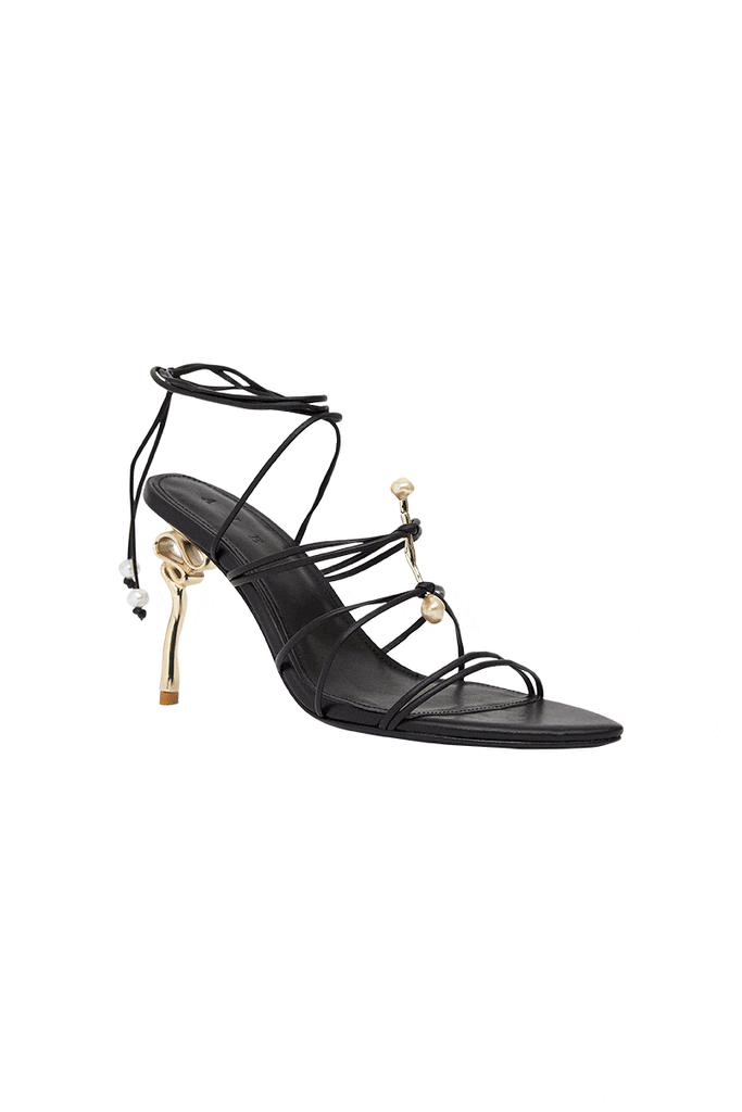 Black. Heel. Leather strap. Pearl bar strappy heel.