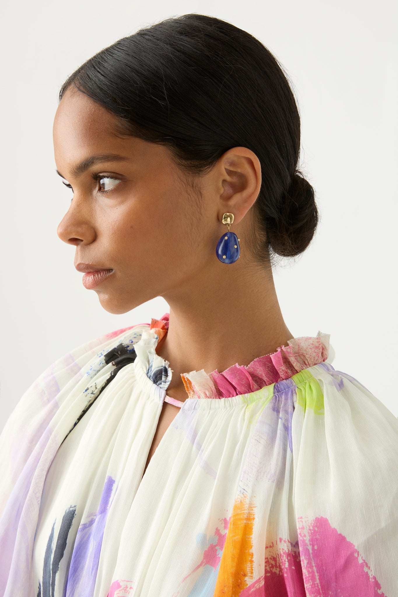 Gold. Blue. Stone. Drop earring. Stud earring. Aje. Casual.