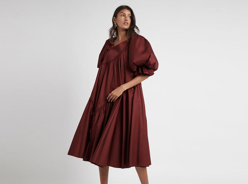 Casabianca Braided Asymmetric Puff Sleeve Midi Dress