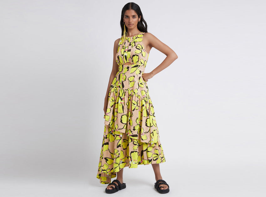 Pelicano Citrus Bloom Racer Asymmetric Tiered Dress