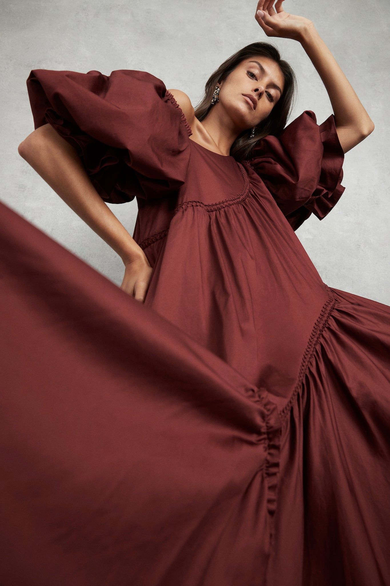 Casabianca Braided Asymmetric Puff Sleeve Midi Dress