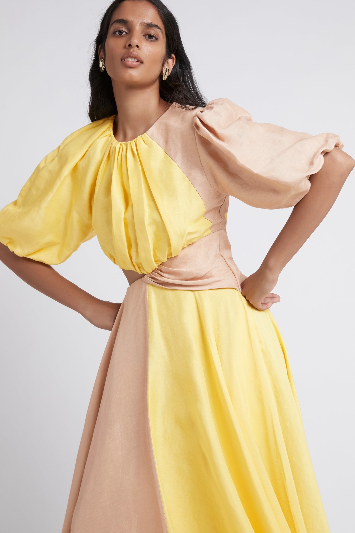 Caliente Two Tone Puff Sleeve Dress