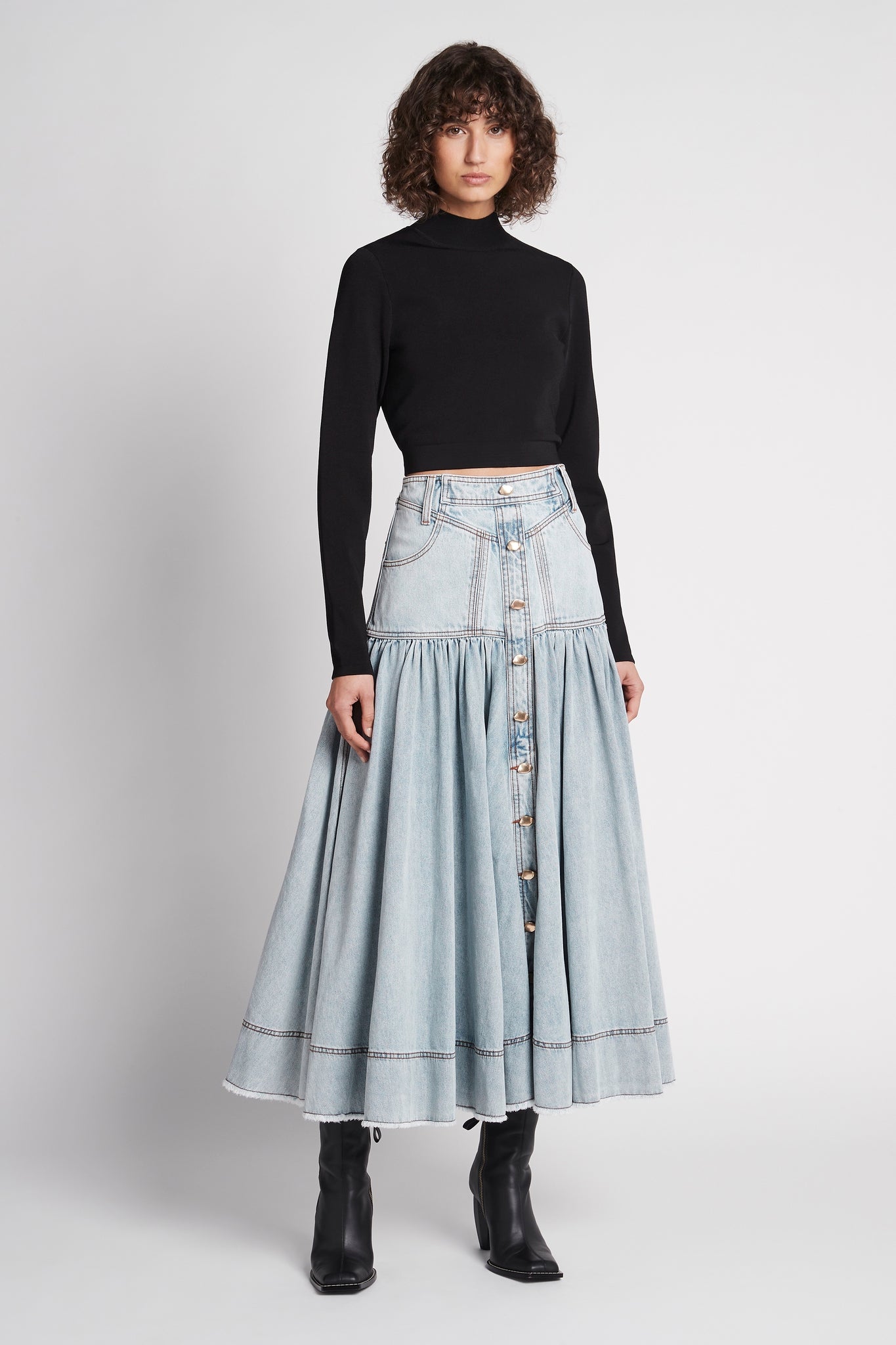 Belmond Button Denim Tiered Midi Skirt