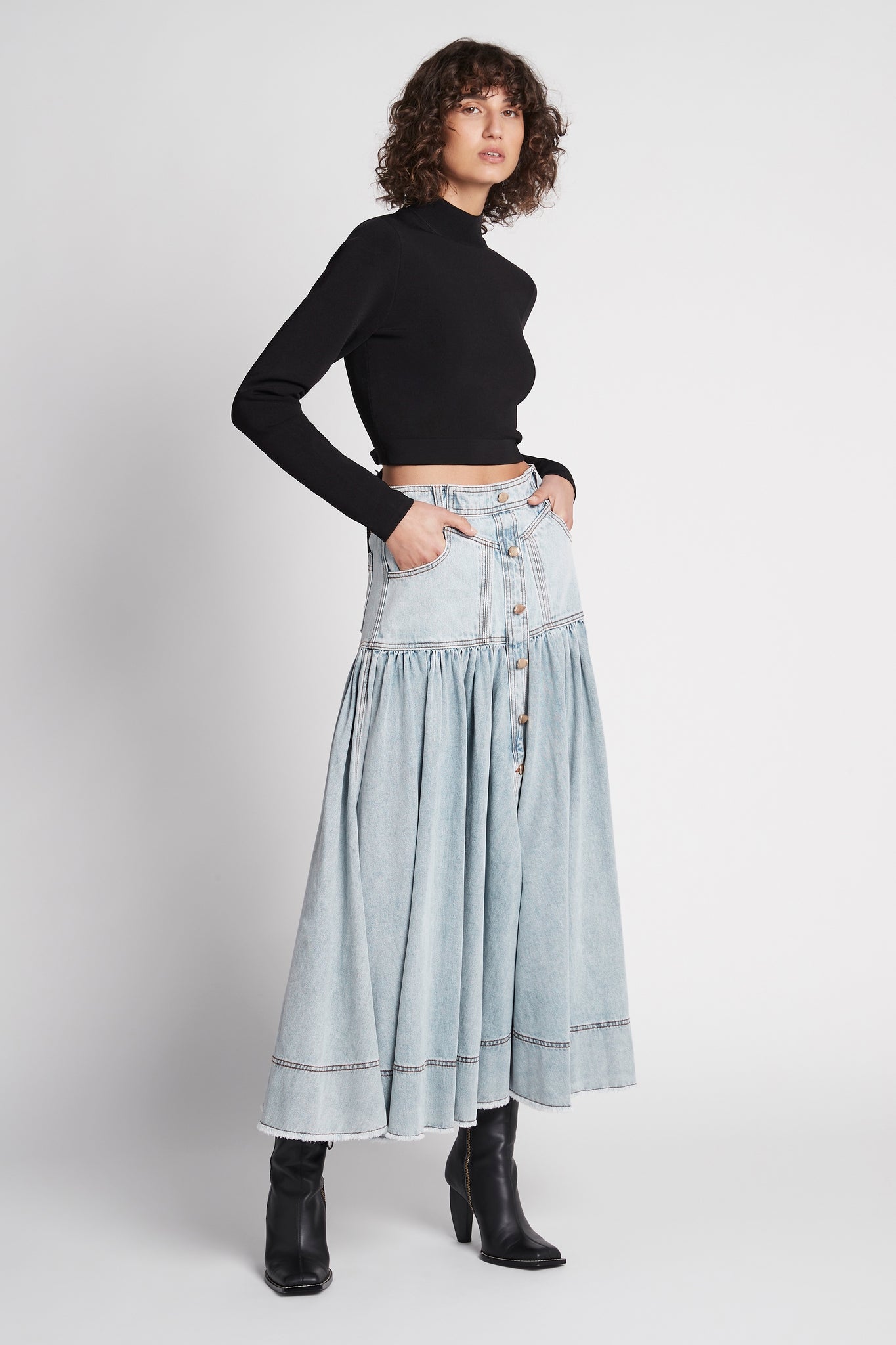 Belmond Button Denim Tiered Midi Skirt