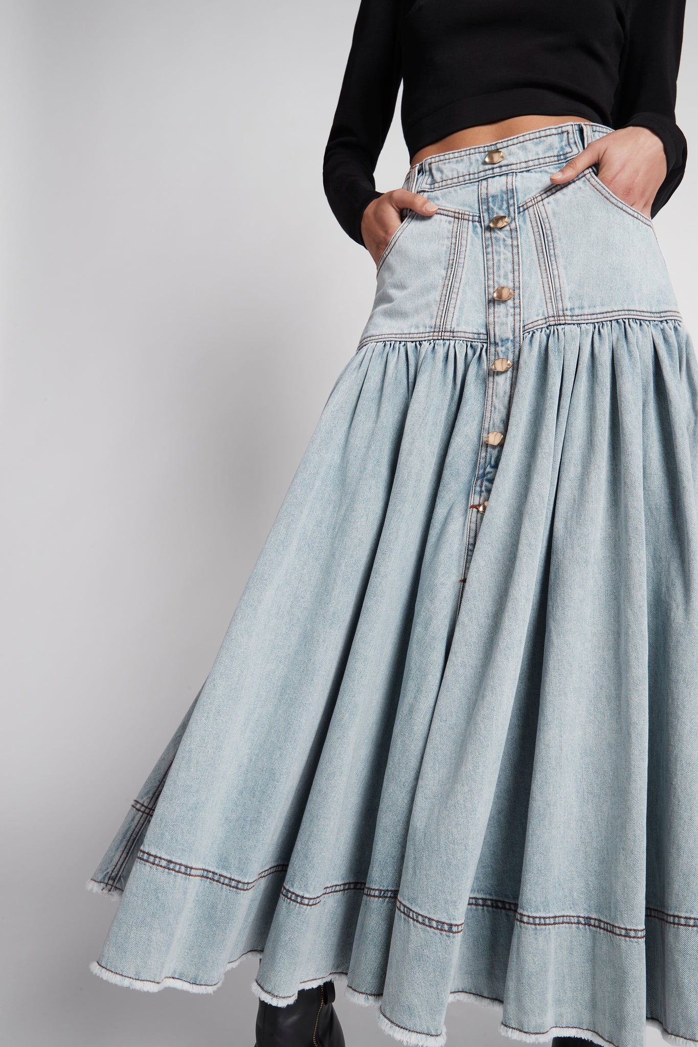 Belmond Button Denim Tiered Midi Skirt