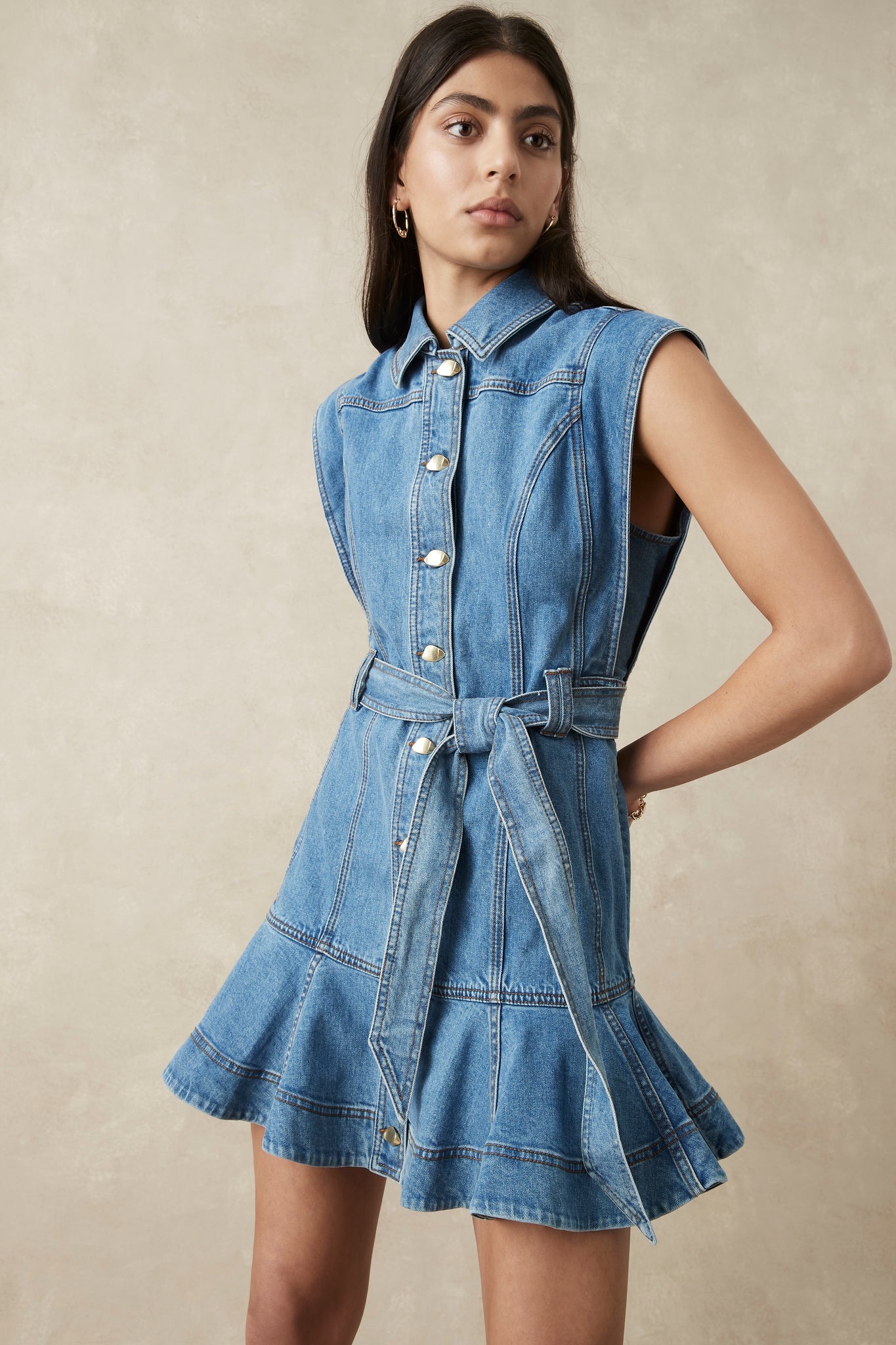 Julia Denim Ruffle Hem Mini Dress
