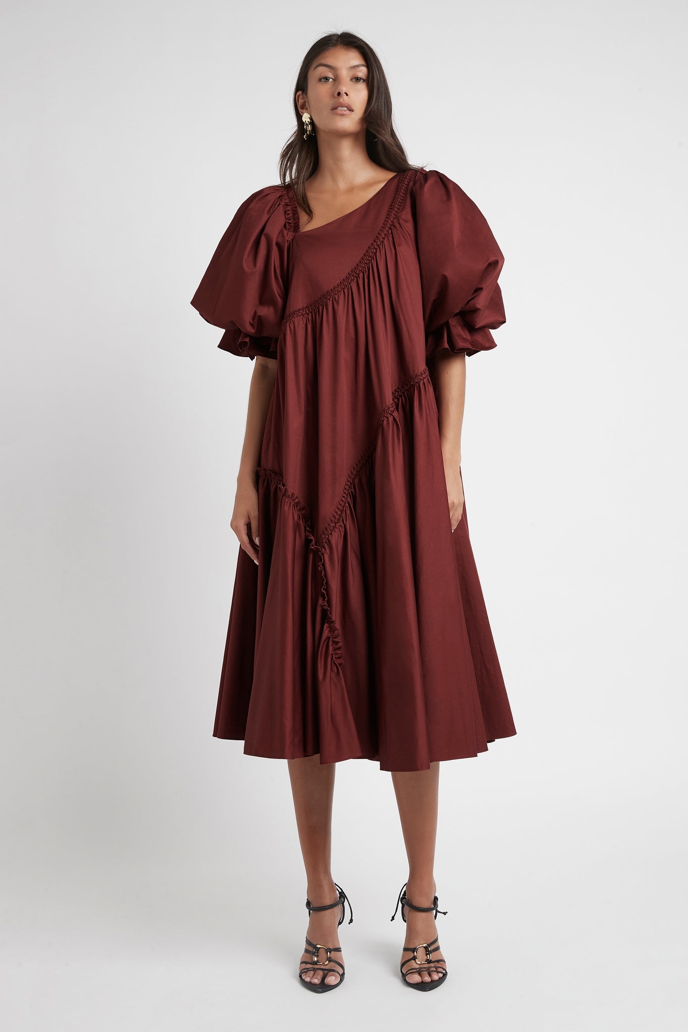 Casabianca Braided Asymmetric Puff Sleeve Midi Dress