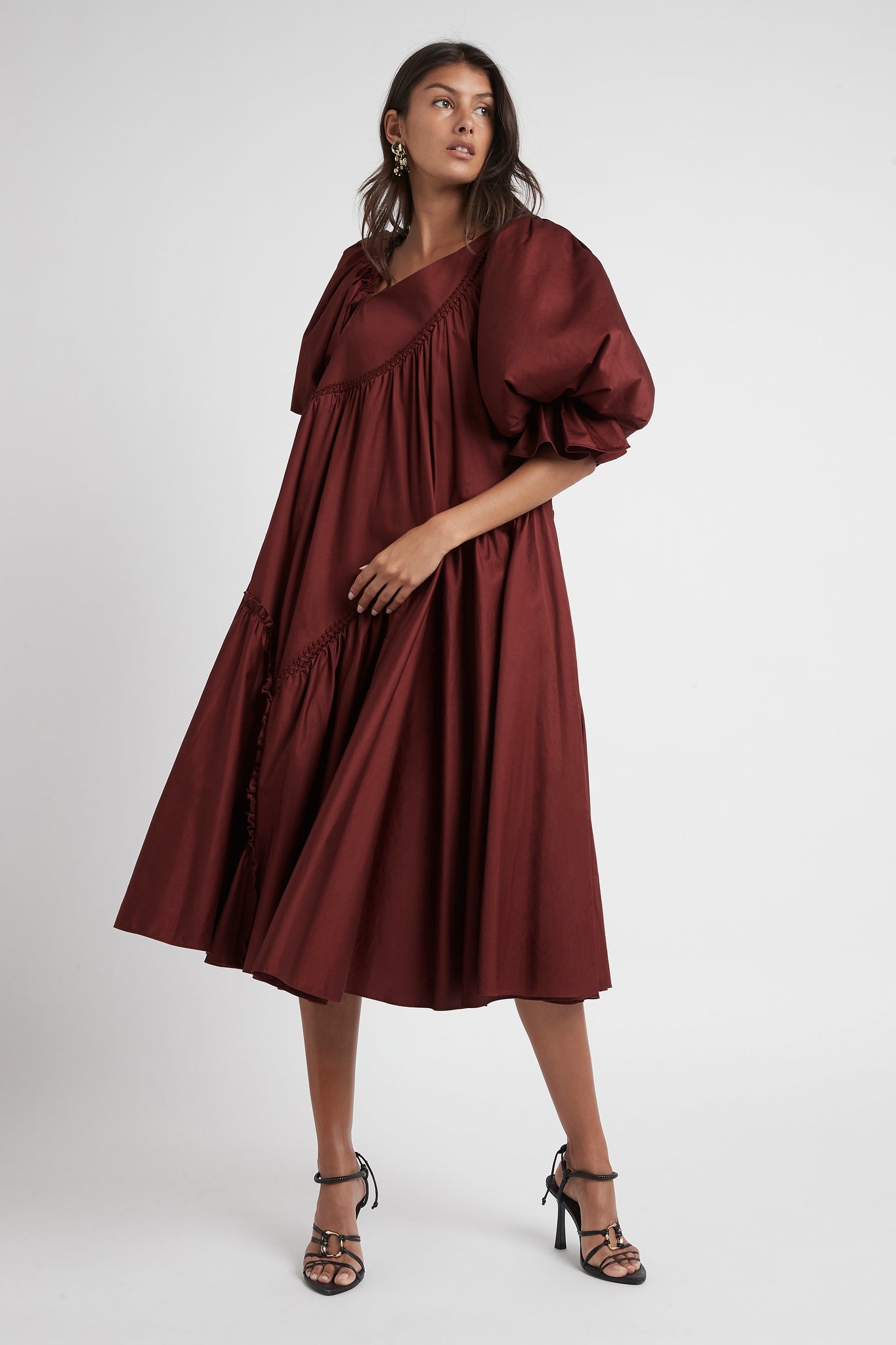 Casabianca Braided Asymmetric Puff Sleeve Midi Dress