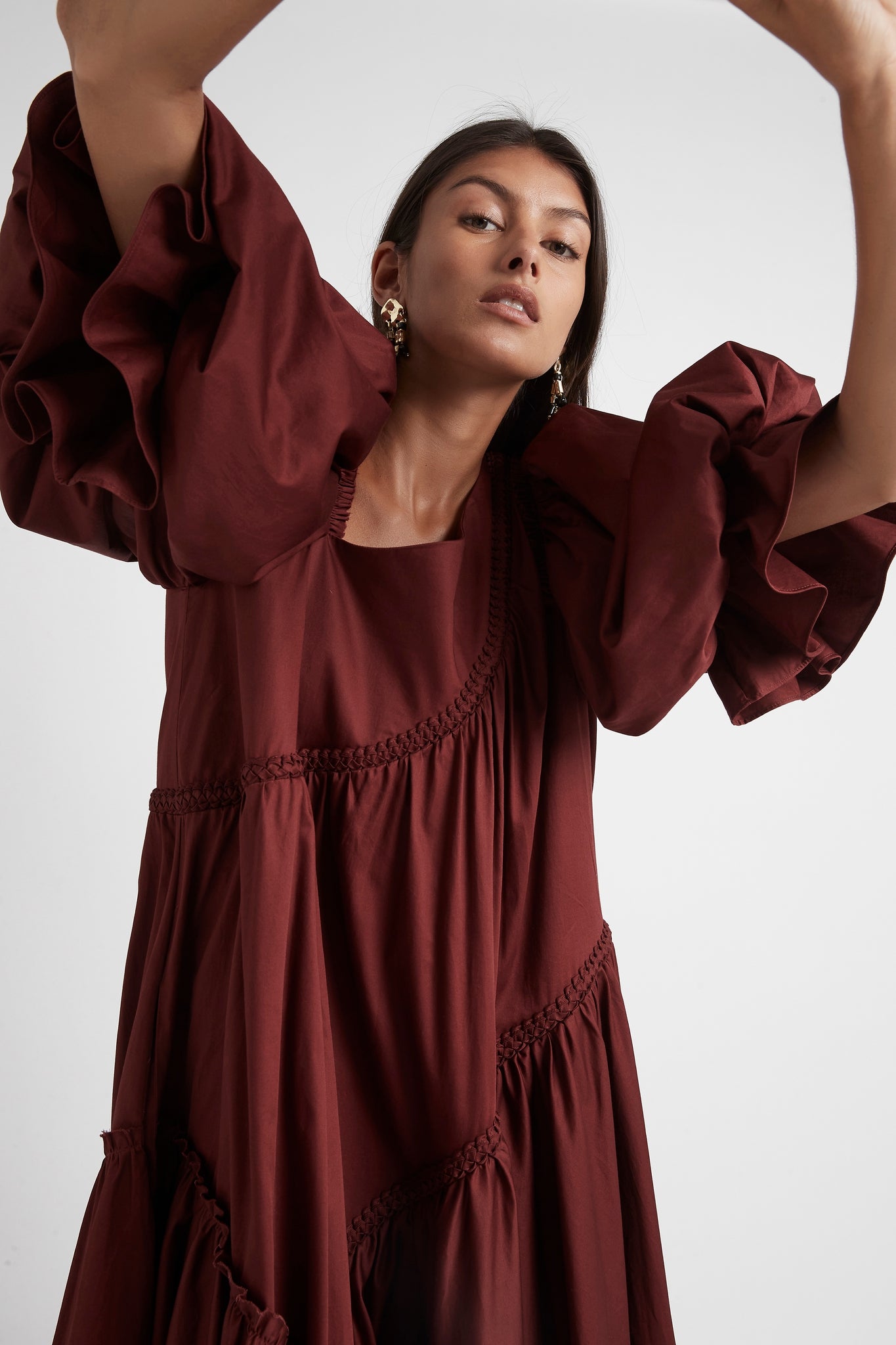 Casabianca Braided Asymmetric Puff Sleeve Midi Dress