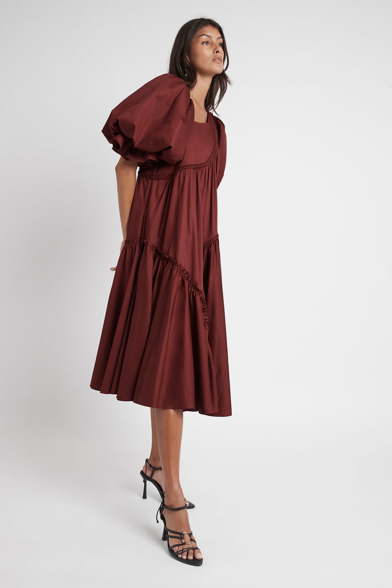 Casabianca Braided Asymmetric Puff Sleeve Midi Dress