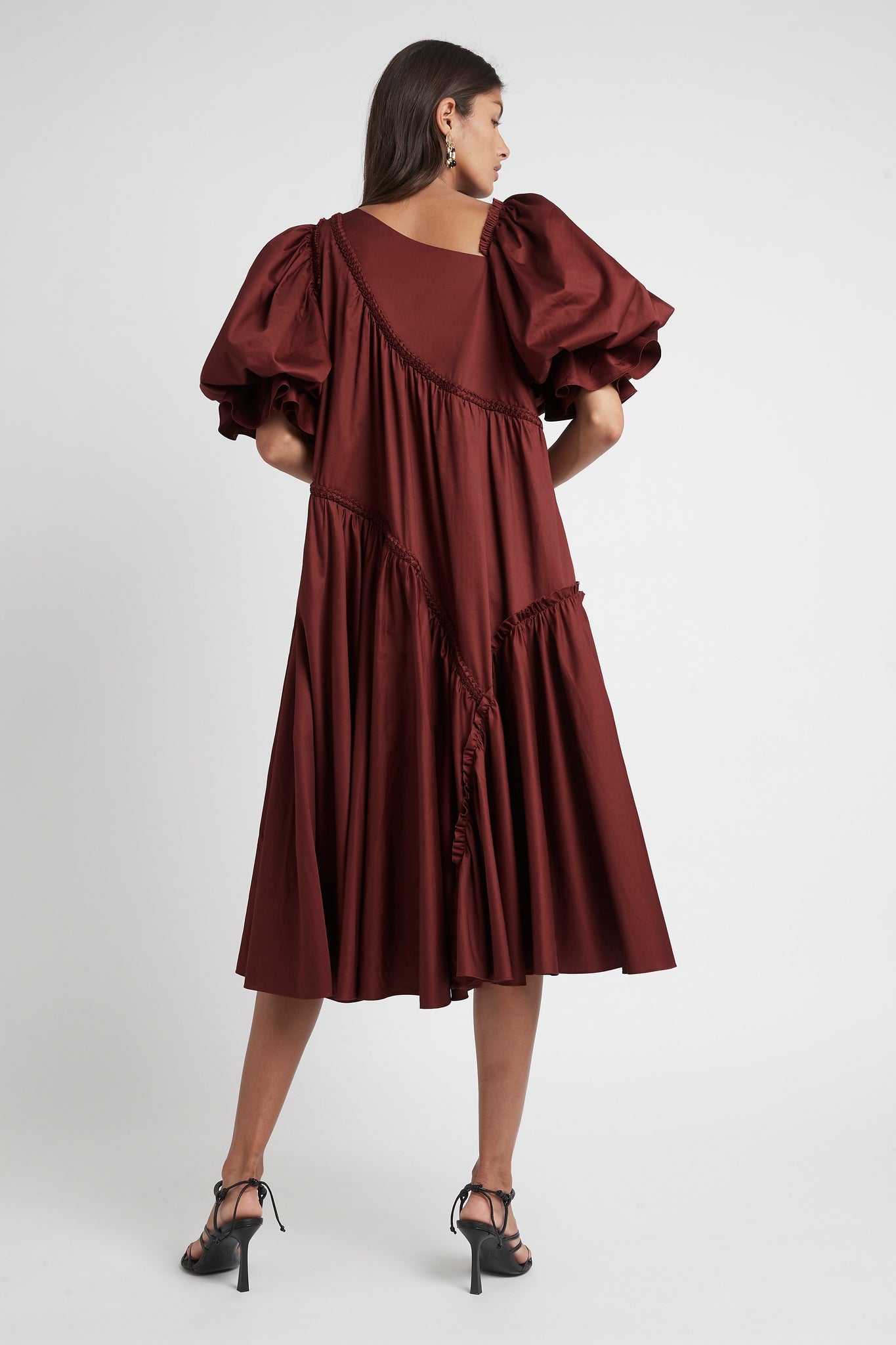 Casabianca Braided Asymmetric Puff Sleeve Midi Dress