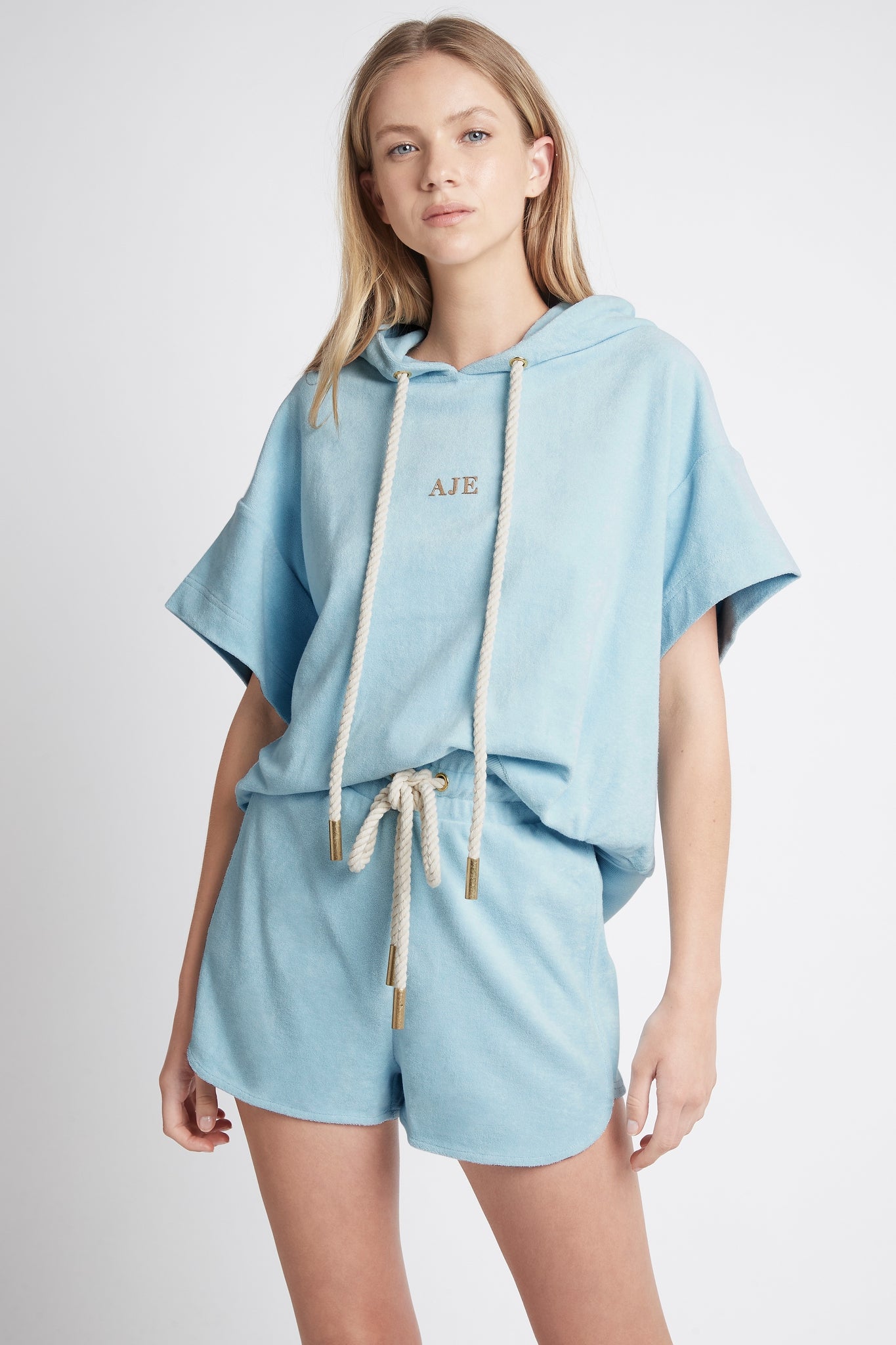 Dunes Terry Racer Shorts worn with Dunes Sleeveless Hoodie in Blue