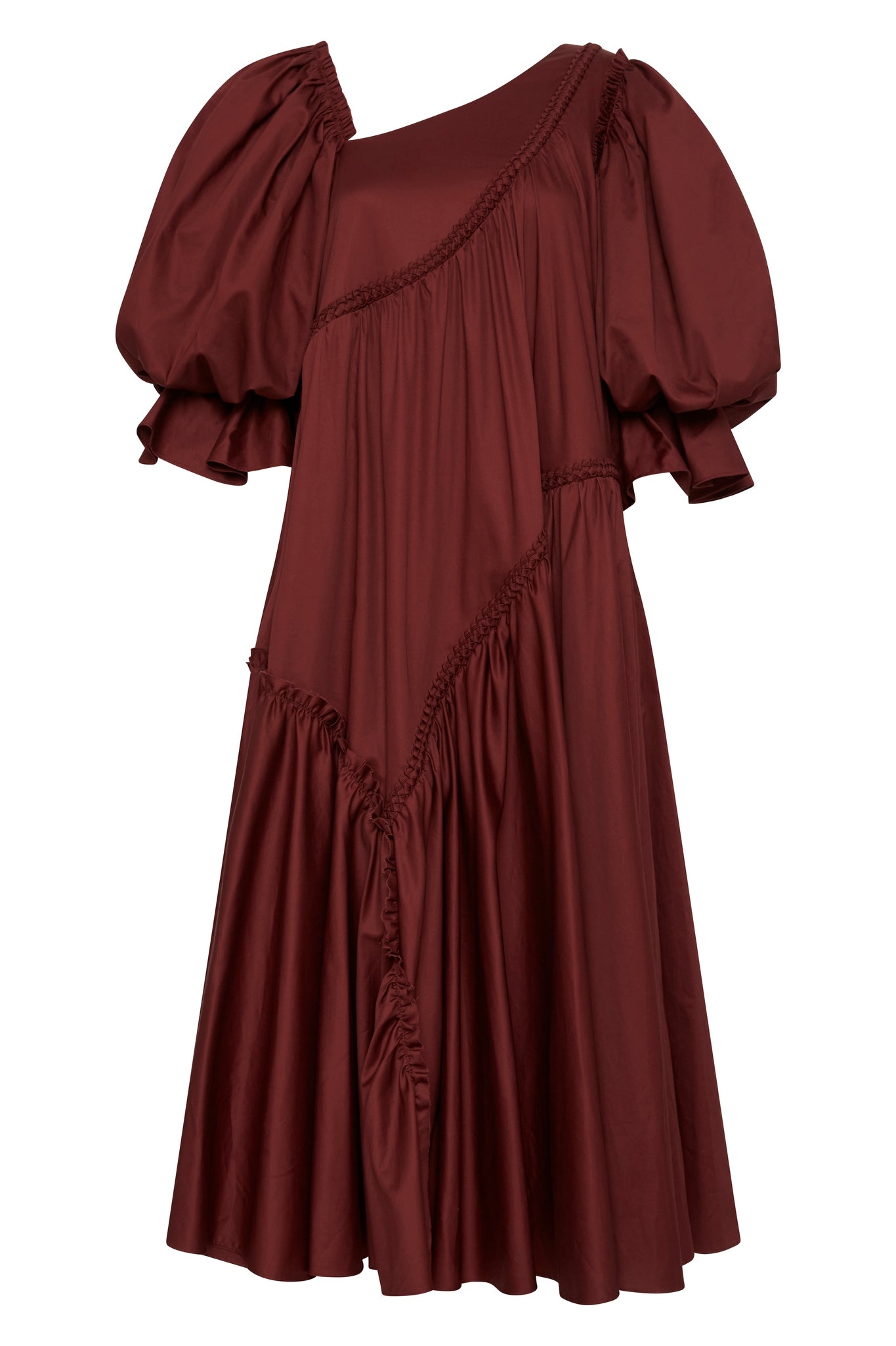 Casabianca Braided Asymmetric Puff Sleeve Midi Dress