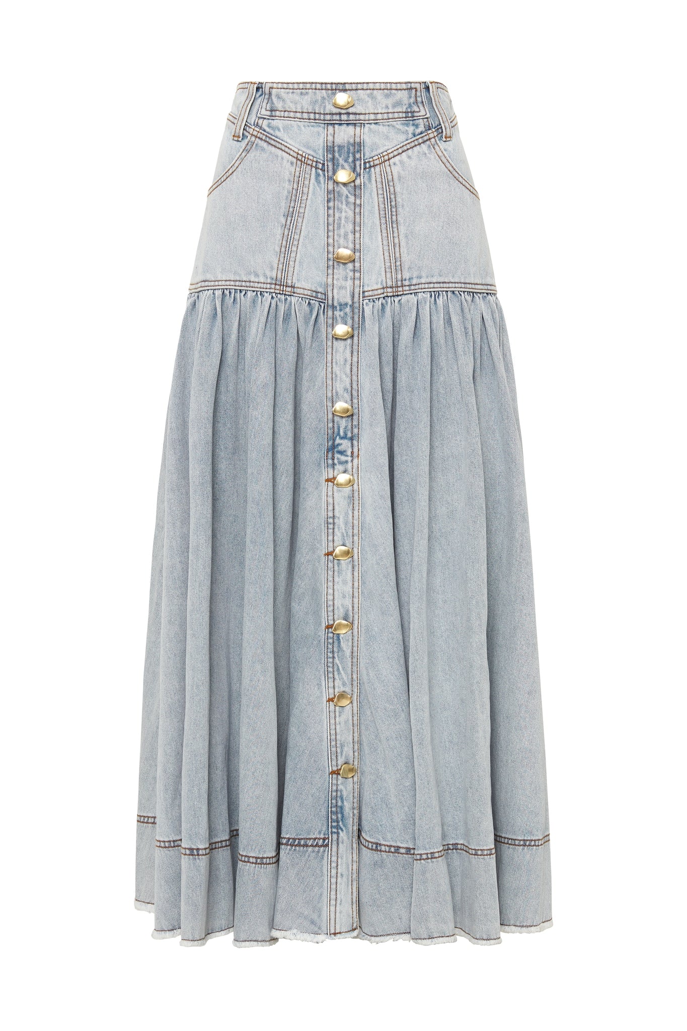 Belmond Button Denim Tiered Midi Skirt