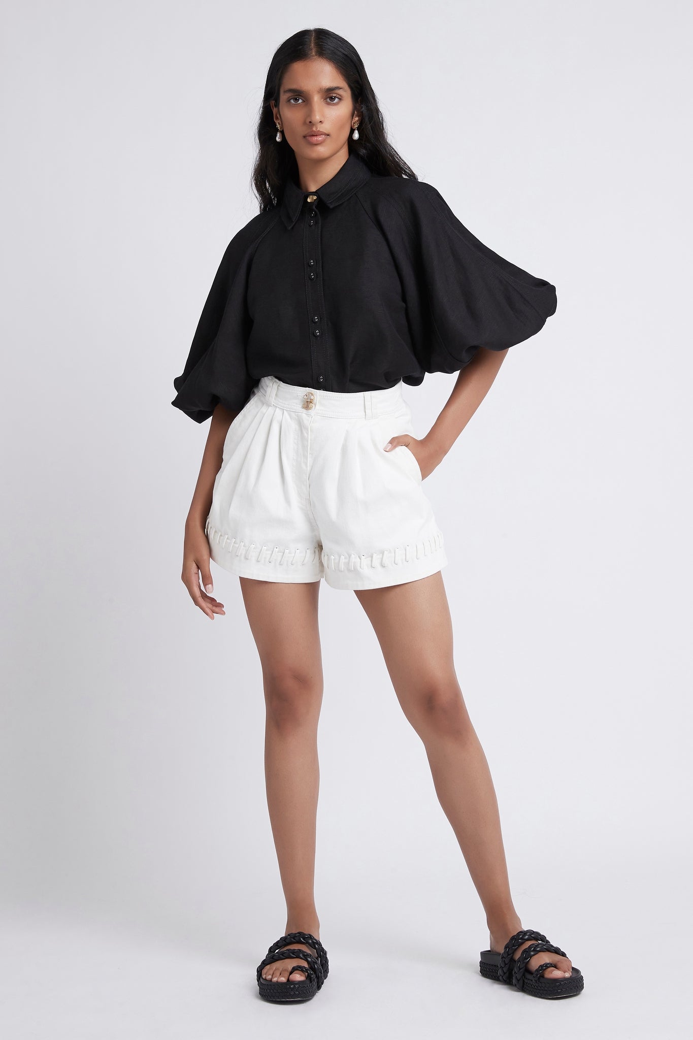 Triada Laced White Denim Shorts worn with Palms Puff Sleeve Shirt in Black Full View
