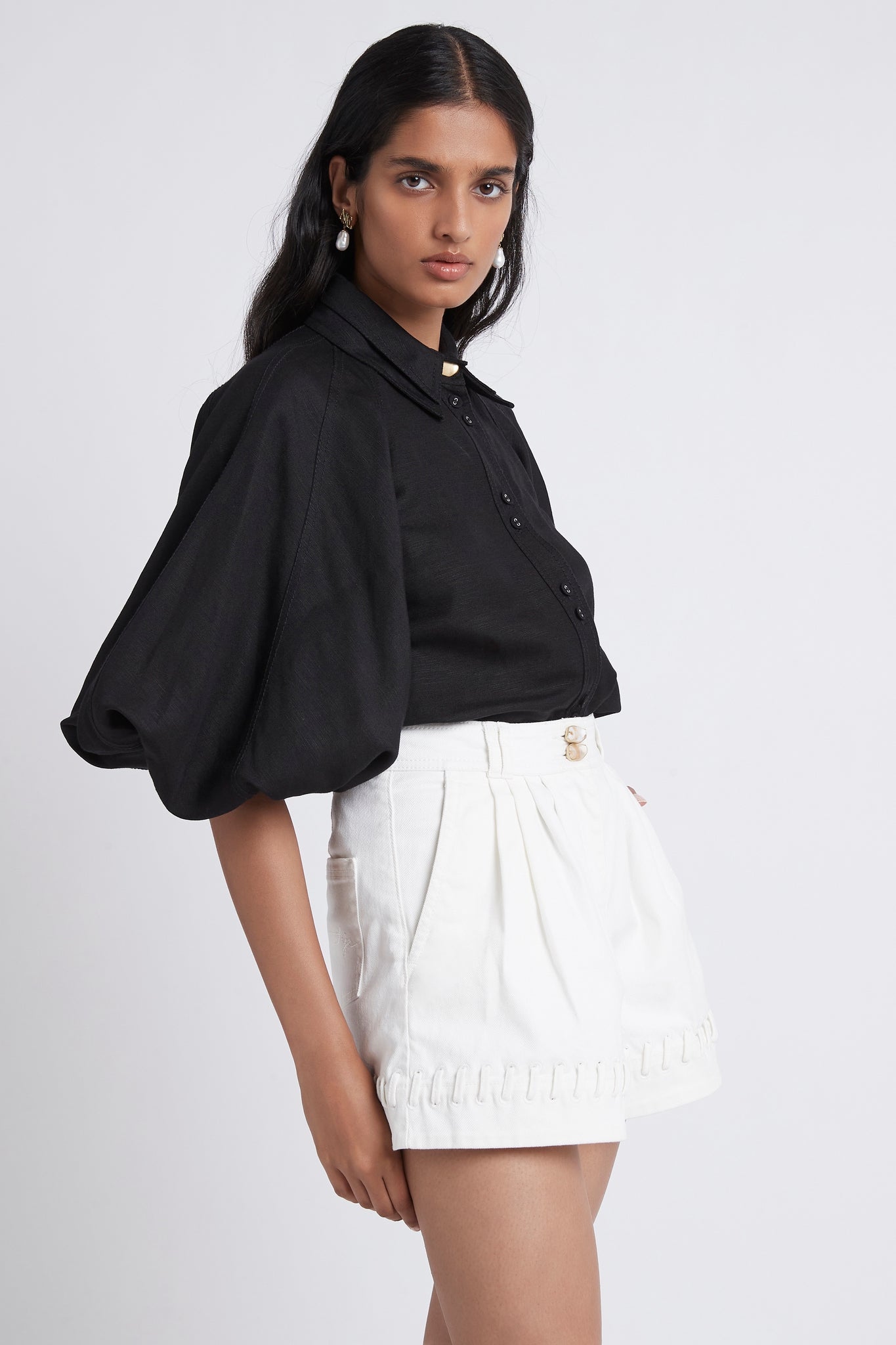 Triada Laced White Denim Shorts worn with Palms Puff Sleeve Shirt in Black Side View