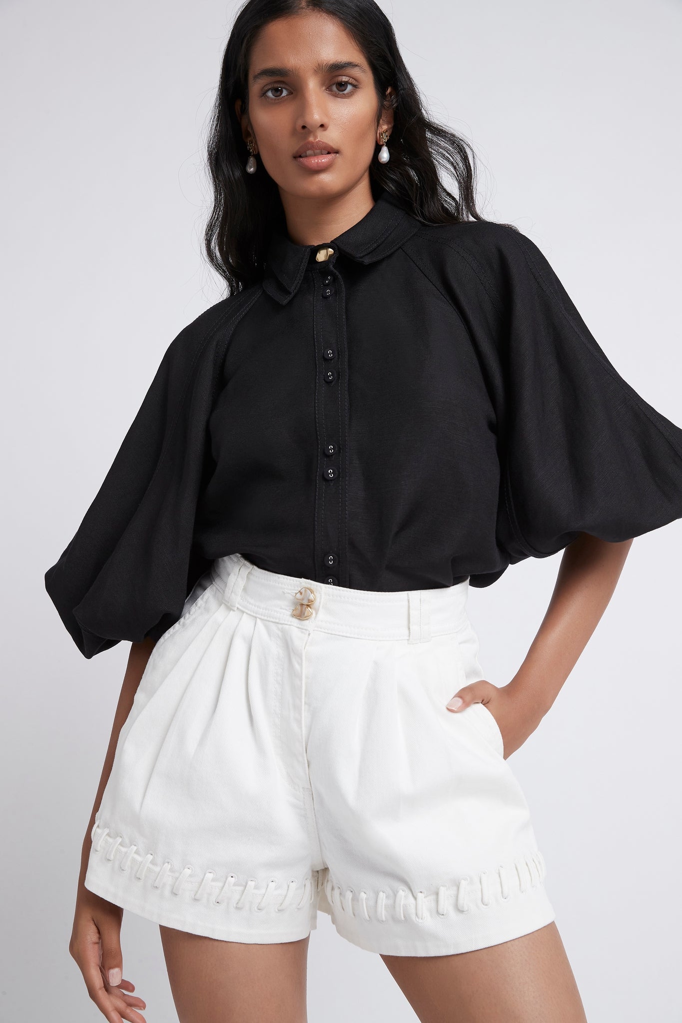 Triada Laced White Denim Shorts worn with Palms Puff Sleeve Shirt in Black