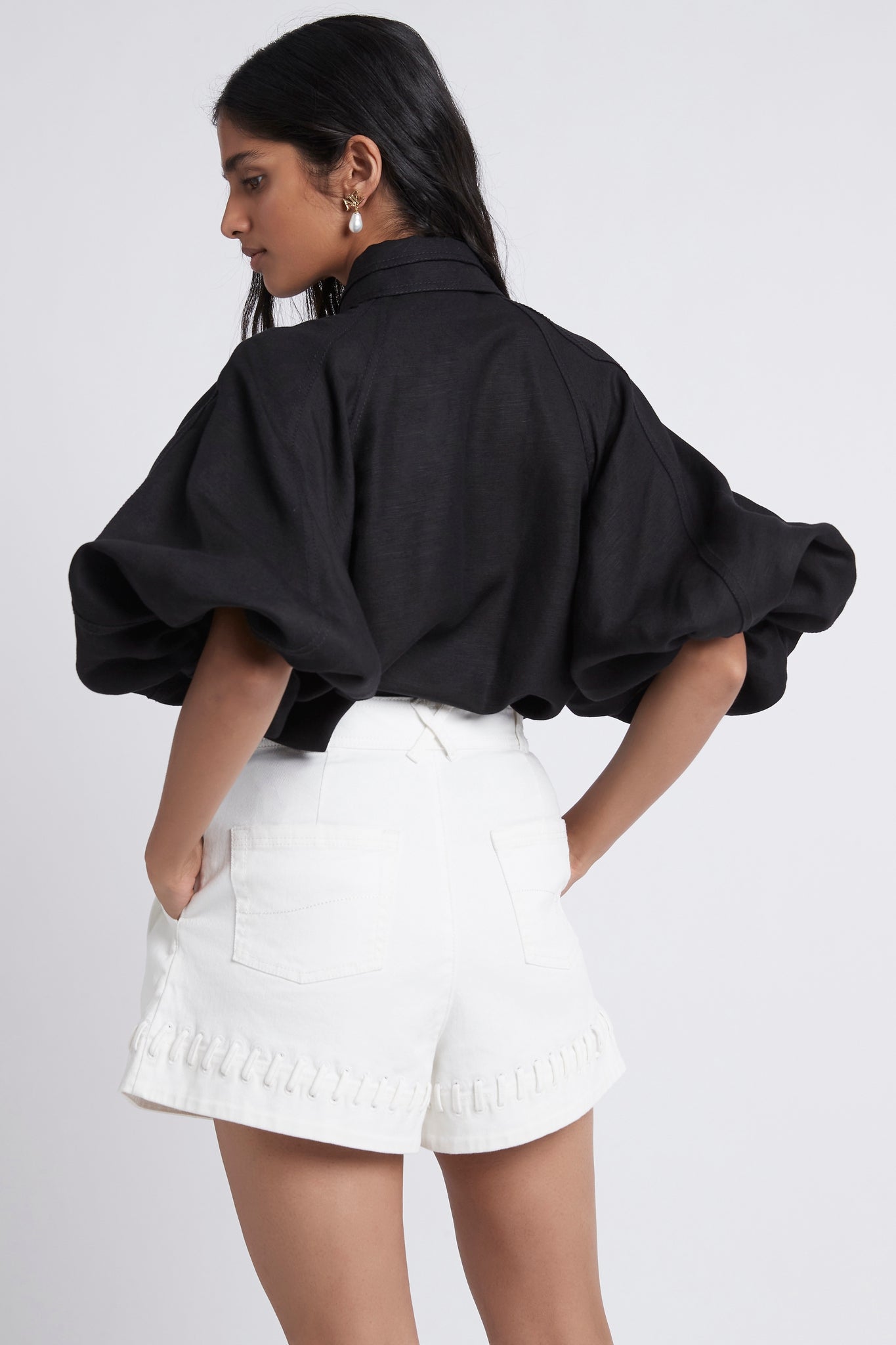 Triada Laced White Denim Shorts Back View