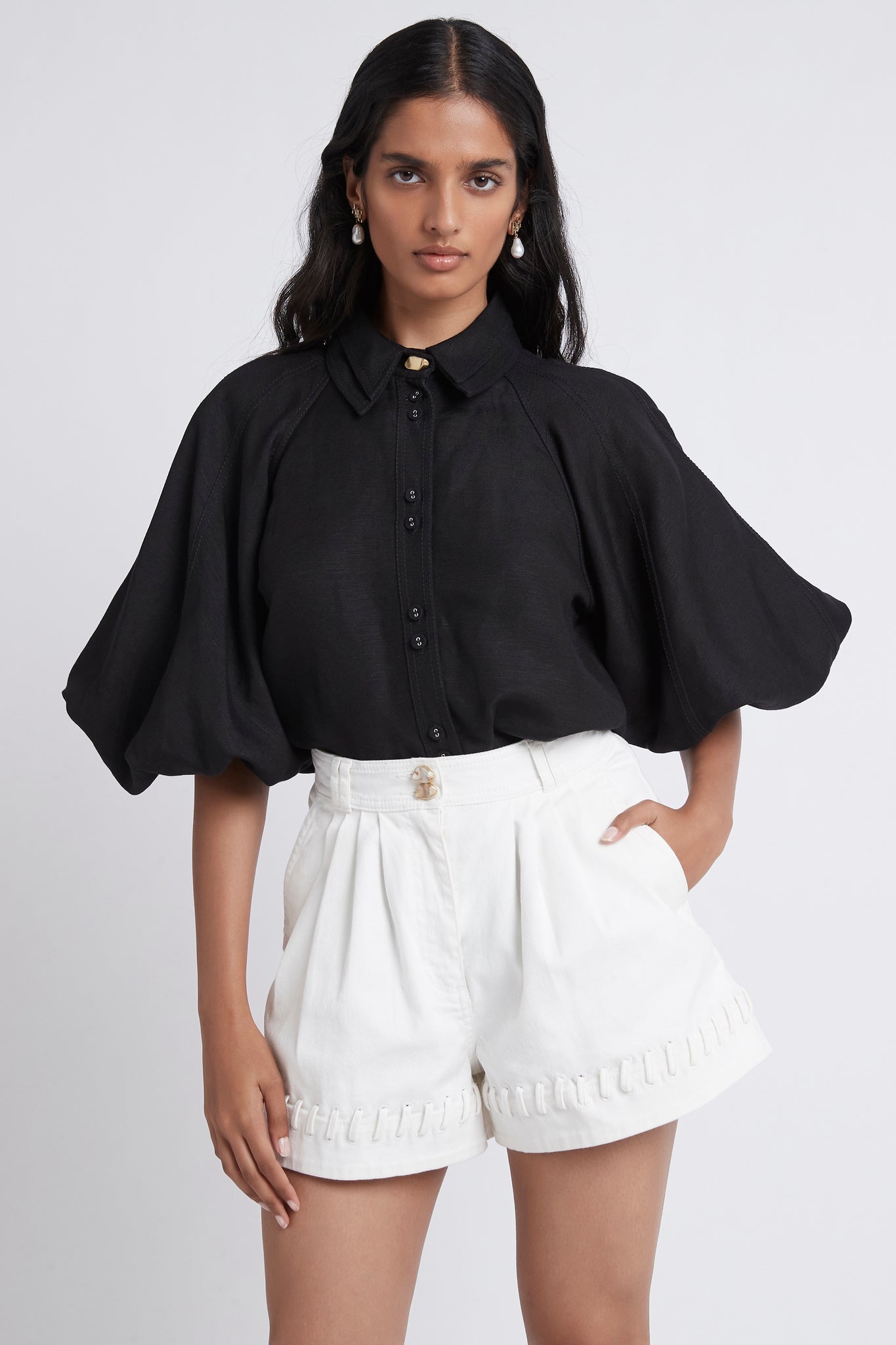 Triada Laced White Denim Shorts worn with Palms Puff Sleeve Shirt in Black
